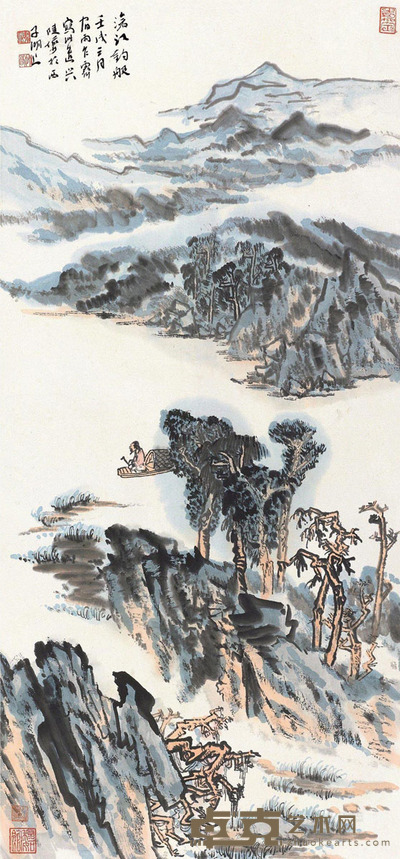 陆俨少 壬戌1982年作 沧江钓艇 镜框 设色纸本 96×44cm