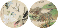 朱偁 吴穀祥 壬午1882年作、己丑1889年作 鸟语花香 松山高隐 镜框 设色绢本