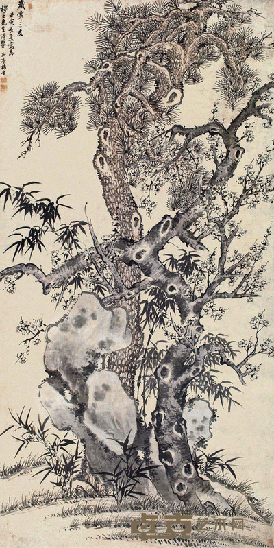 杨晋 壬寅1662年作 岁寒三友 立轴 设色纸本 137×88cm