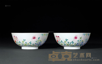 清雍正 粉彩竹石延年图碗 （一对） 直径14.3cm×2