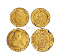 1772年西班牙卡洛斯三世国王像背皇冠盾牌图面值1/2埃斯库多金币、1799年西班牙卡洛斯四世国王像背皇冠盾牌图面值1埃斯库多金币各一枚