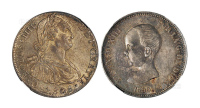 1808年西班牙卡洛斯四世国王像8瑞尔银币、1890年西班牙阿方索十三世像背双柱图5比塞塔银币各一枚