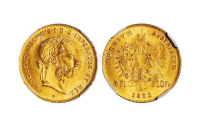 1892年奥地利国王弗朗茨·约瑟夫一世像背双头鹰10法郎金币一枚