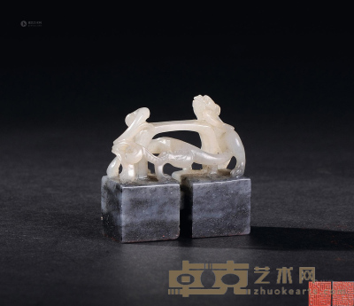 旧工 玉石螭虎穿环钮连珠印 3.9×3.9×1.6cm