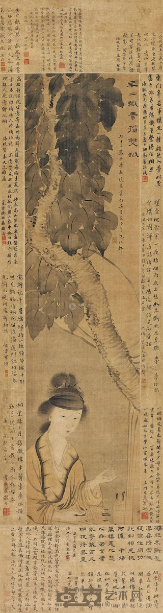 姜埙 年年织素攒双蛾 立轴 104.8×26.5cm