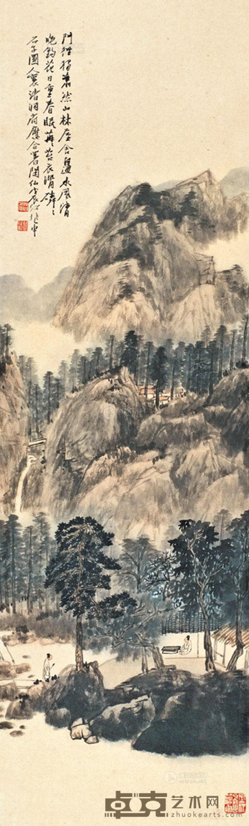 江兆申 戊辰（1988年）作 山林访友 镜心 98.6×29.8cm