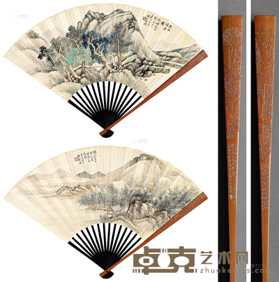 汪琨 郭兰祥 秋林读书 竹林幽居 成扇 18.6×50cm