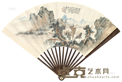 胡佩衡 吴用威 湖光树色 五言诗 成扇 18.2×49.5cm