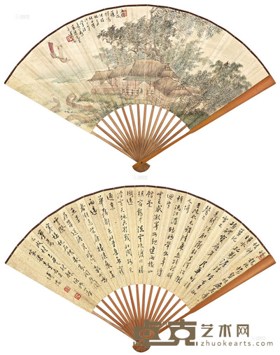 溥心畬 己丑(1949年)作 书画合璧扇 成扇 18.5×51cm