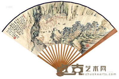 陈半丁 徐世章 水阁胜概 节录祝允明《栖清赋》 成扇 18.6×50cm