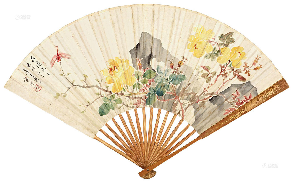 江寒汀王欧来辛巳1941年作月季蜻蜓孟浩然诗五首成扇