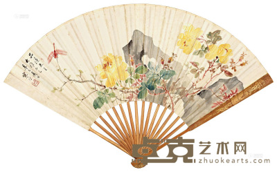 江寒汀 王欧来 辛巳（1941年）作 月季蜻蜓 孟浩然诗五首 成扇 18.5×51cm