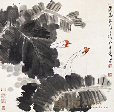 郑乃珖 蕉阴双鹅 镜心 65.5×67cm