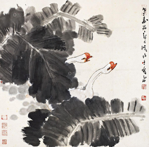 郑乃珖 蕉阴双鹅 镜心