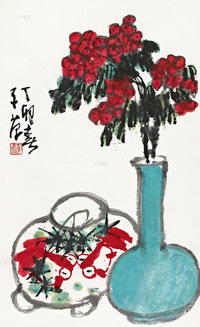 崔子范 丁卯（1987年）作 瓶花金鱼 立轴