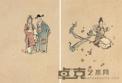 程十发 戏剧人物 （二帧） 镜片 31.5×23cm×2