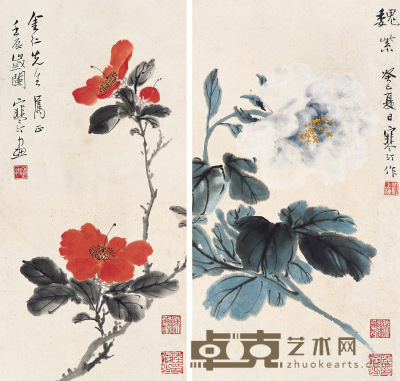 江寒汀 1953年作 花卉 （二帧） 镜片 39×20cm×2