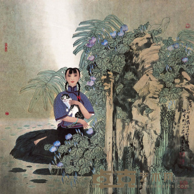 于文江 1999年作 花丛中 镜片 68×69cm
