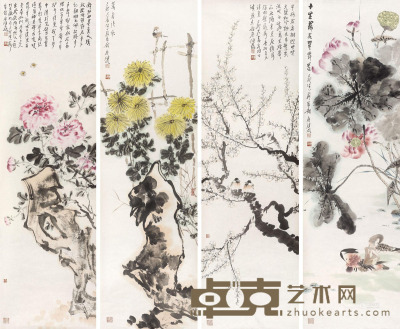贾广健 1999年作 花鸟 四屏镜片 179×54cm×4