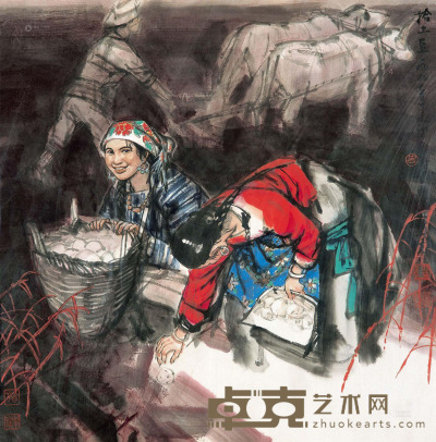 史国良 1977年作 拾土豆 镜框 69×68cm