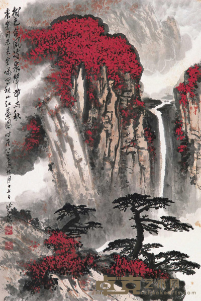 魏紫熙 1982年作 秋山红叶图 镜片 67.5×45.5cm