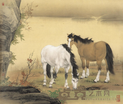 王生勇 2005年作 双骏图 镜片 74.5×88cm