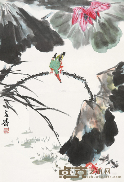 王雪涛 荷塘翠鸟 镜心 67.5×45.5cm