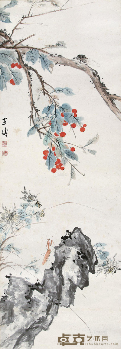 王雪涛 螳螂捕蝉 立轴 107×35cm