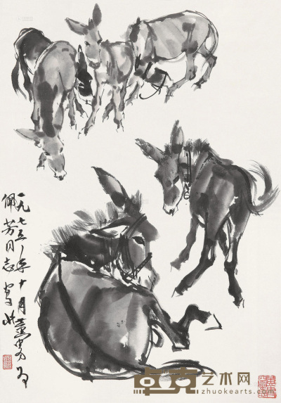 黄胄 1975年作 群驴 镜心 79×55cm