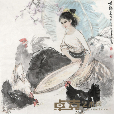 姚有多 1998年作 喂鸡图 镜心 68.5×68.5cm