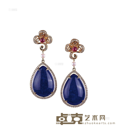 青金石配钻石及珍珠耳坠 2.4×1.7cm