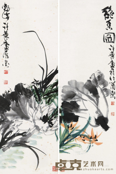 许麟庐 花卉 （二帧） 立轴 102×33.5cm×2