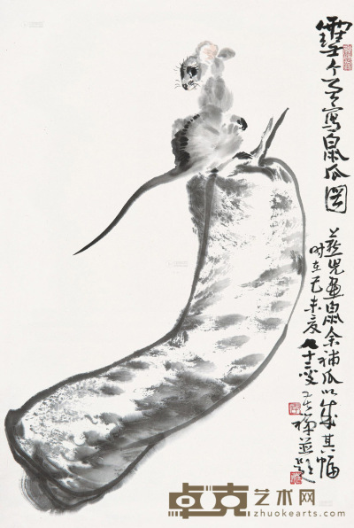 李苦禅 李燕 1979年作 瓜鼠图 立轴 68.5×46cm