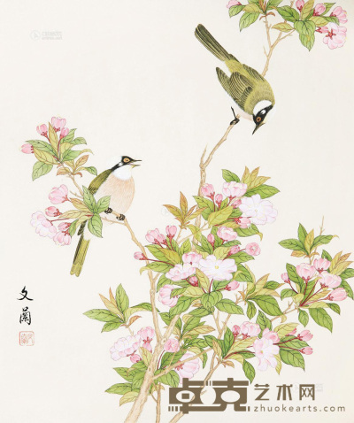 谢文兰 2014年作 樱花小鸟 镜心 43×36cm