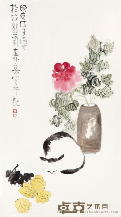 陈寿岳 2007年作 牡丹 猫 镜心 138×68cm