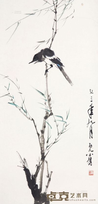 刘既明 1973年作 柳丝喜鹊 立轴 68×33cm