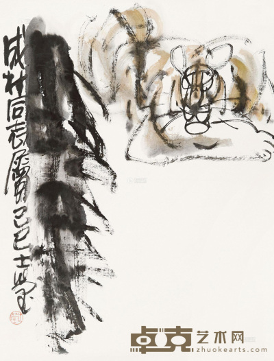 张士莹 1989年作 虎 镜片 88×52cm