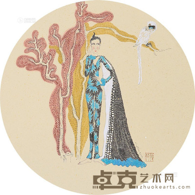 韩荷 人与猴 直径34cm