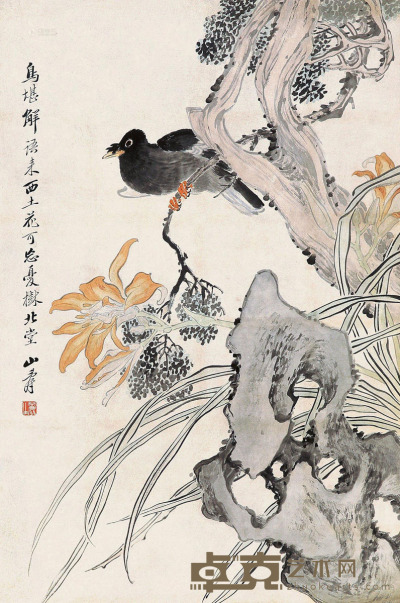 黄山寿 鸟堪解语 立轴 设色纸本 67×45cm