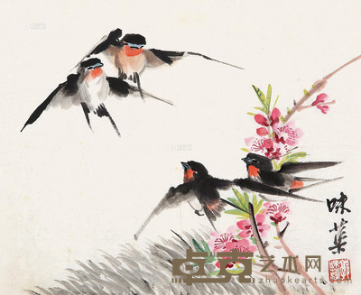 郭味蕖 花鸟燕子 镜心 设色纸本 27×33cm