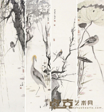 李金国     2013年作 花鸟     四屏 100×22cm×4