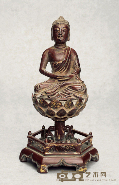 明 紫漆描金佛坐像（连座） 高19cm