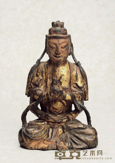 明 木雕漆金准提观音坐像 高21cm