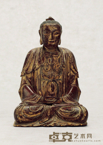 明 木雕漆金观音坐像 高20cm