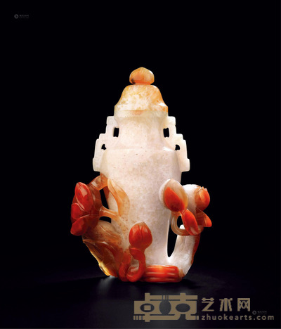 清 南红玛瑙荷花蝴蝶瓶 高17cm