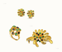 18K金 蓝宝石、祖母绿 胸针、耳环、戒指 （一套）