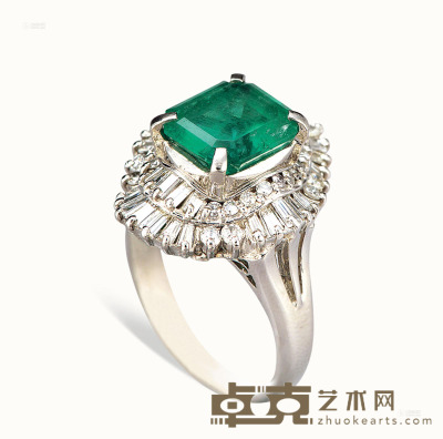 铂900祖母绿、钻石戒指 