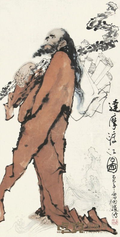 沈道鸿     己巳（1989）年作 达摩渡江 136.5×68cm