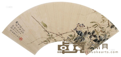 容祖椿 枝叶小虫 扇片 设色纸本 17×50.5cm