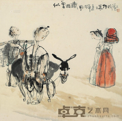 施大畏 甲戌（1994）年作 似曾相识 镜框 设色纸本 67×67cm